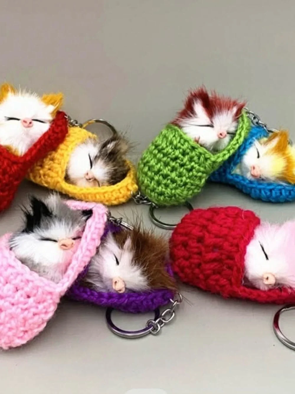 Plush Sleeping Kitten Keychain with Crochet Cozy - Multicolor ( 1 )